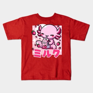 Kawaii Axolotl Drinking Strawberry Milk Kids T-Shirt